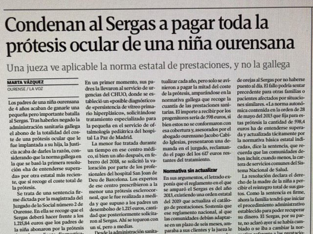 CONDENAN AL SERGAS A PAGAR TODA LA PRÓTESIS OCULAR DE UNA NIÑA OURENSANA 